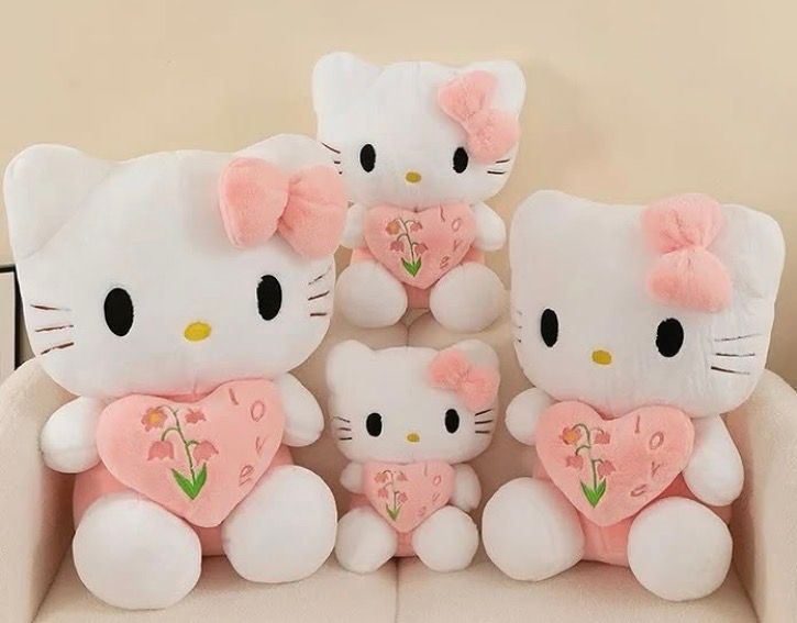 White Character Pastel Pink Body and Bow Holding Heart With Flowers Plush Toys