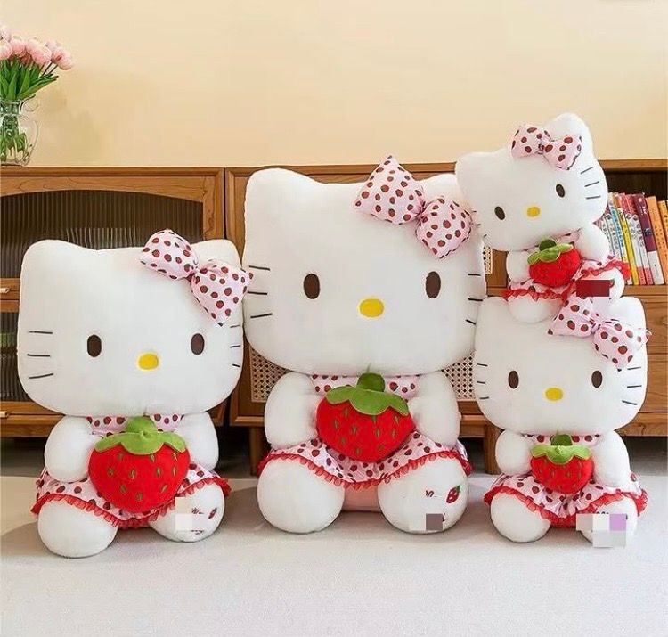 White Character Pink Polka Dot Dress & Bow Holding Strawberry Plush Toys
