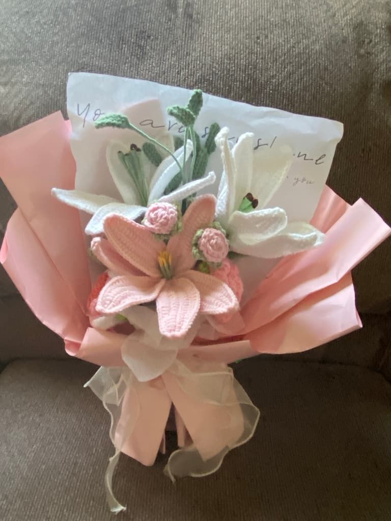 Pink Lily Crochet Bouquet With Different Flowers