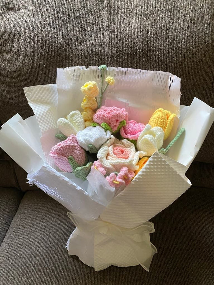 White, Pink, & Yellow Flowers Crochet Bouquet